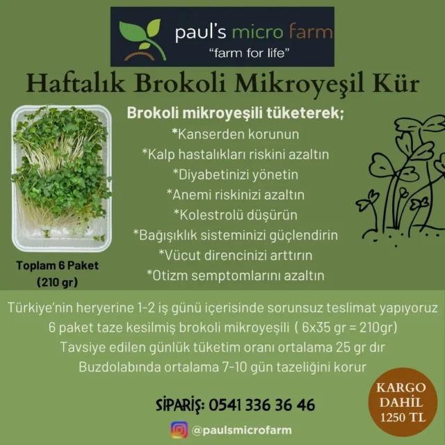 #mikroyeşil #microgreen #filiz #sprout #sağlıklıbeslenme #healthyliving #vitamin #mineral #sulphoraphane #sulforafan #aminoacid #aminoasit #antioksidan #antioxidants #carotenoids #karotenoid #vegan #veganfood #yerel #local #bodrum#chefs #chef #cheflife #food #cooking #gurmePaket toplamda 6x35 gr= 210 gr  mikro yeşil içerir. 1-2 kişinin haftalık tüketimine yetecek kadar hesaplanmıştır. Ürünler sipariş üzerine taze kesilerek strafor kutu ve buz akusü ile paketlenir ve  size ulaşır. Buzdolabında 7-10 güne kadar tazeliğini korur.Fiyat: Kargo dahil 1250 TL